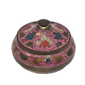 Vintage Enameled Brass Round Trinket Lidded Dish Bowl with Lid Pink Floral